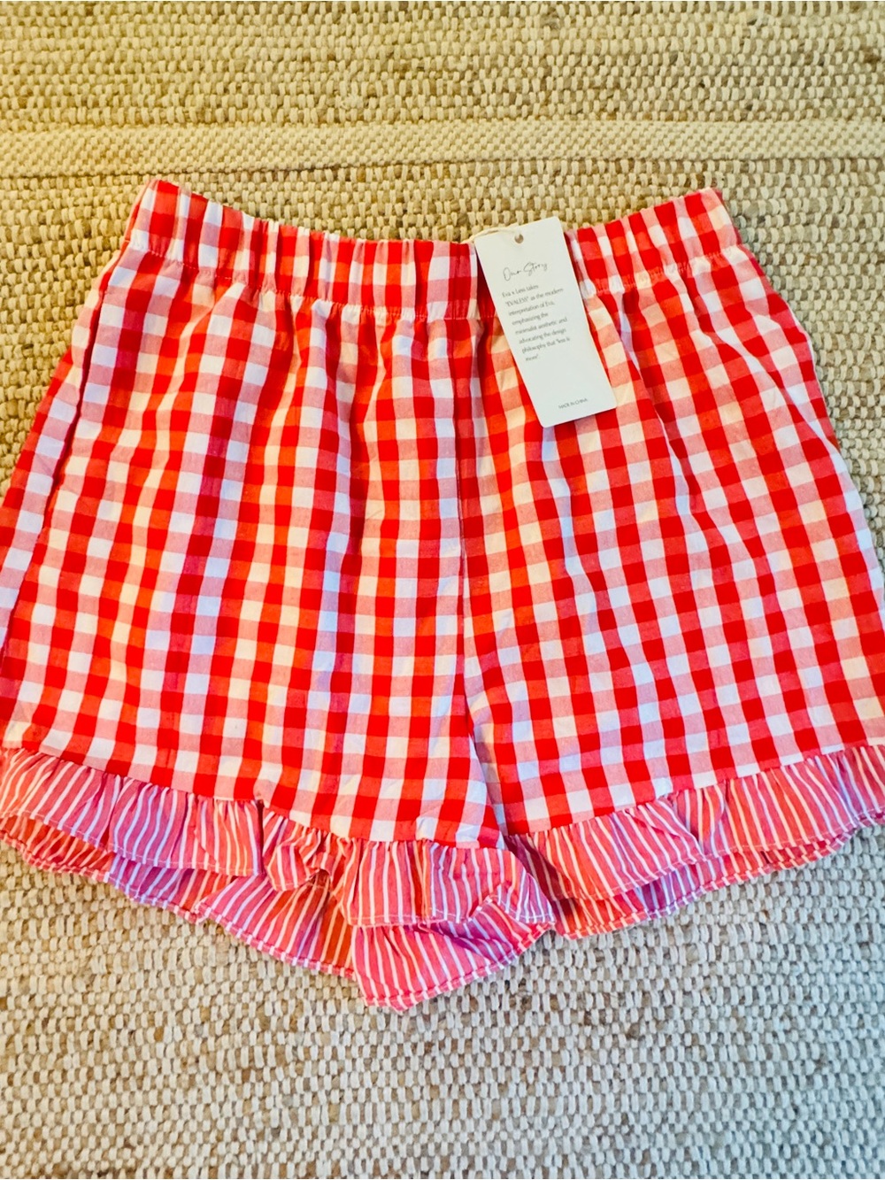 Evaless Womens Medium Red White Gingham Ruffle Shorts NWT Cotton Blend